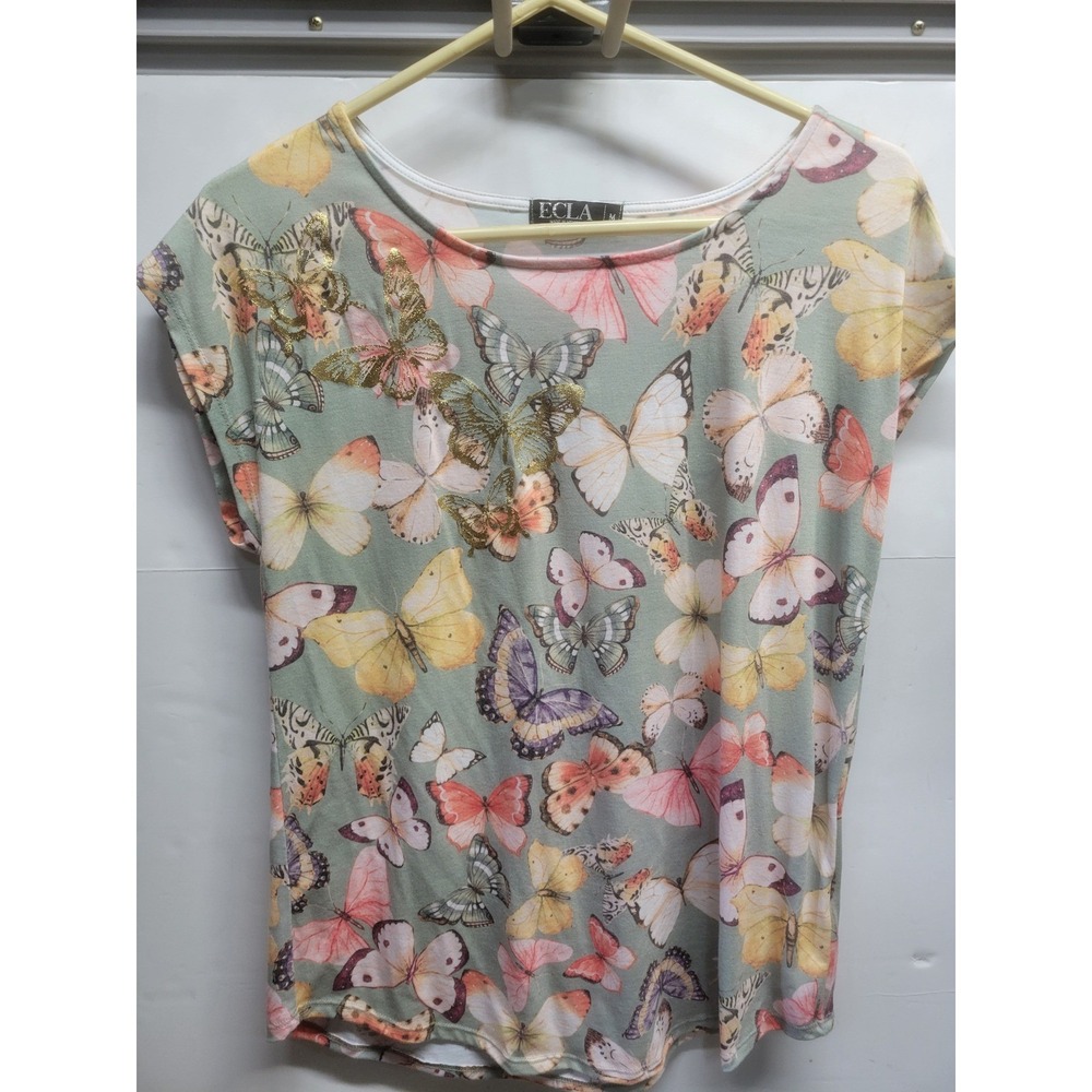 ECLA Womens Butterfly Print Cap Sleeve Top Sage Green Gold Glitter Accent Size M